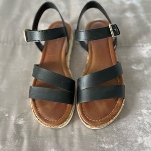 Black flat form sandals, size 8